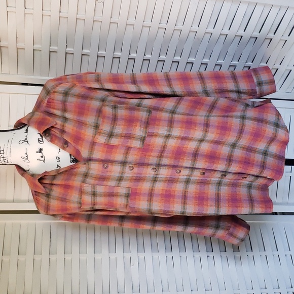 Pilcro long sleeve buttons down plaid burnt orange and brown woman shirt size M - Picture 1 of 6